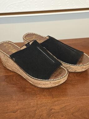 Sam Edelman Black Suede Cork Wedge Slide Sandals